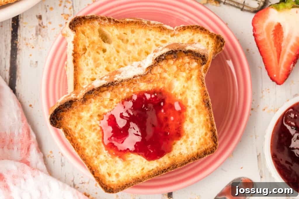 Two plates each holding a slice of homemade English Muffin Bread, one plain and one generously spread with jam.