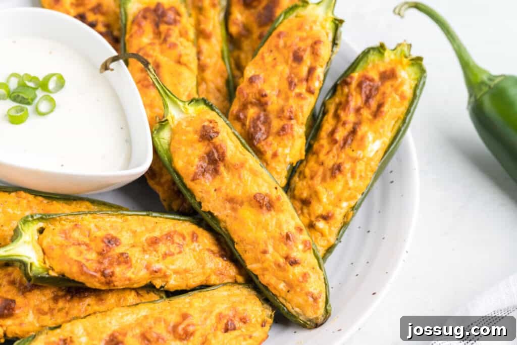 buffalo chicken jalapeno poppers on plate with dip