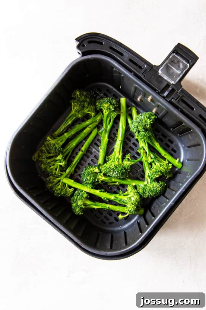 Crispy Air-Fried Broccolini 6 Transfer the broccolini to the air fryer basket. Make sure to place in a single later.