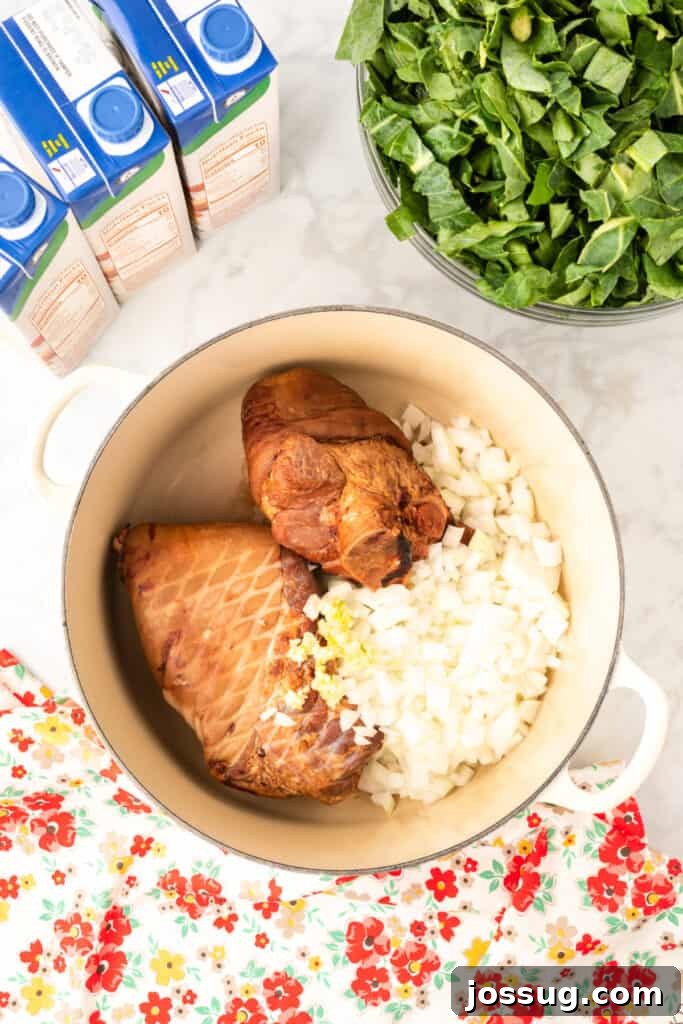 Soulful Southern Greens 5 Combine the onions, ham hocks, and garlic in a large stockpot.