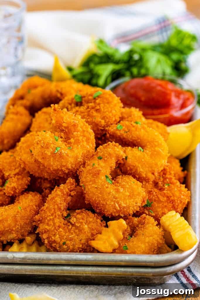 panko fried shrimp piled onto a metal baking sheet