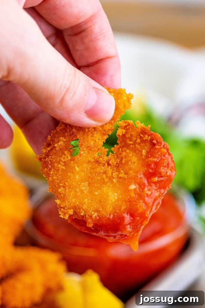 hand holding a panko fried shrimp dipped in shrimp cocktail sauce