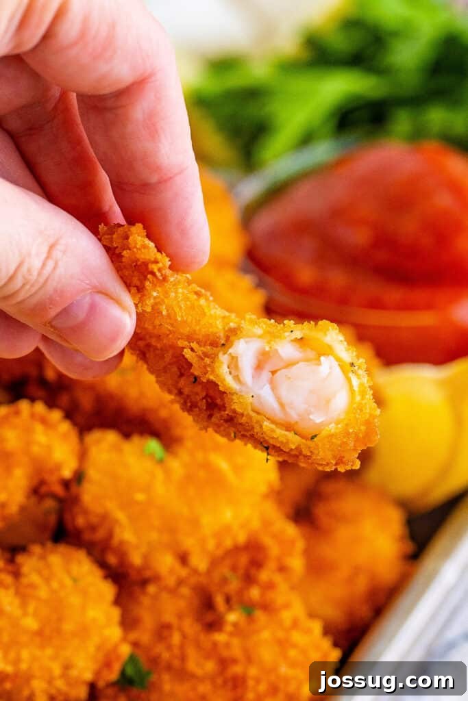 a panko fried shrimp with a bite taken out to show the inside