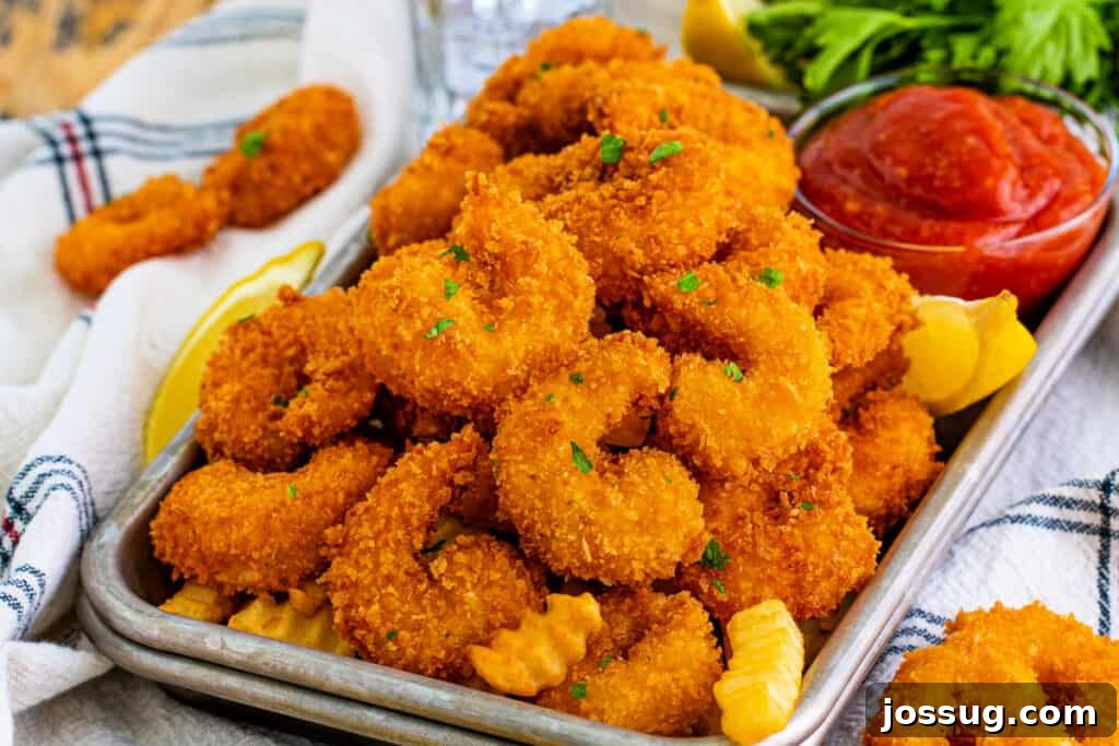 panko fried shrimp piled onto a small baking sheet