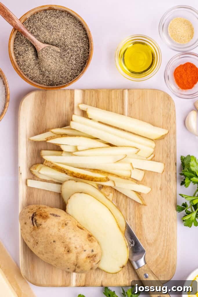 Step 1: Cleaned potatoes are cut into uniform ¼-inch-long fries, with the skin intentionally left on for extra texture and nutrients.