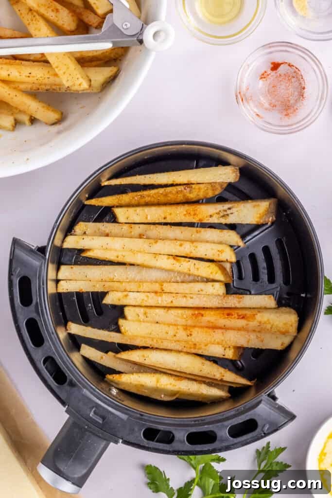 Step 4: Seasoned potato fries are spread in a single, non-overlapping layer on an air fryer tray, ready for initial cooking.