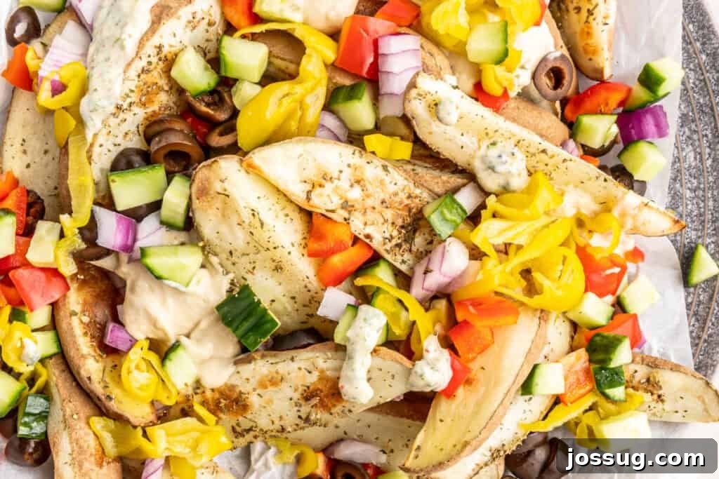 Mediterranean Potato Wedge Feast 9 Horizontal close-up of loaded potato wedges featuring a colorful array of black olives, bright banana peppers, refreshing cucumbers, and diced red peppers, all drizzled with the creamy herb sauce.