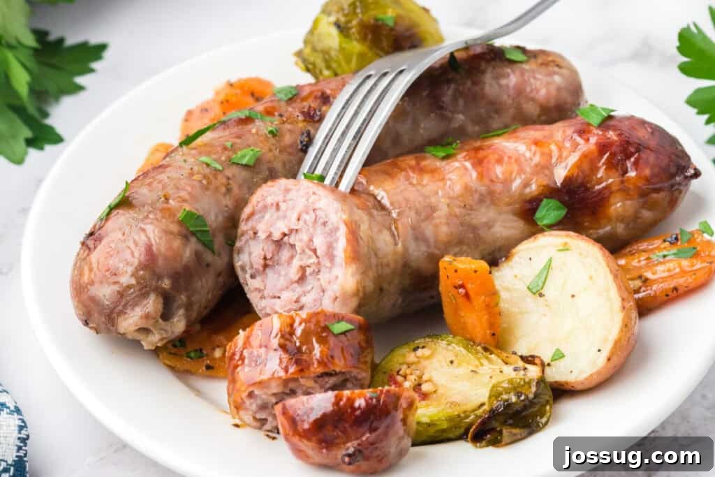 Roasted Sausage and Veggie Medley 6 serving of sheet pan sausage and veggies on a white plate