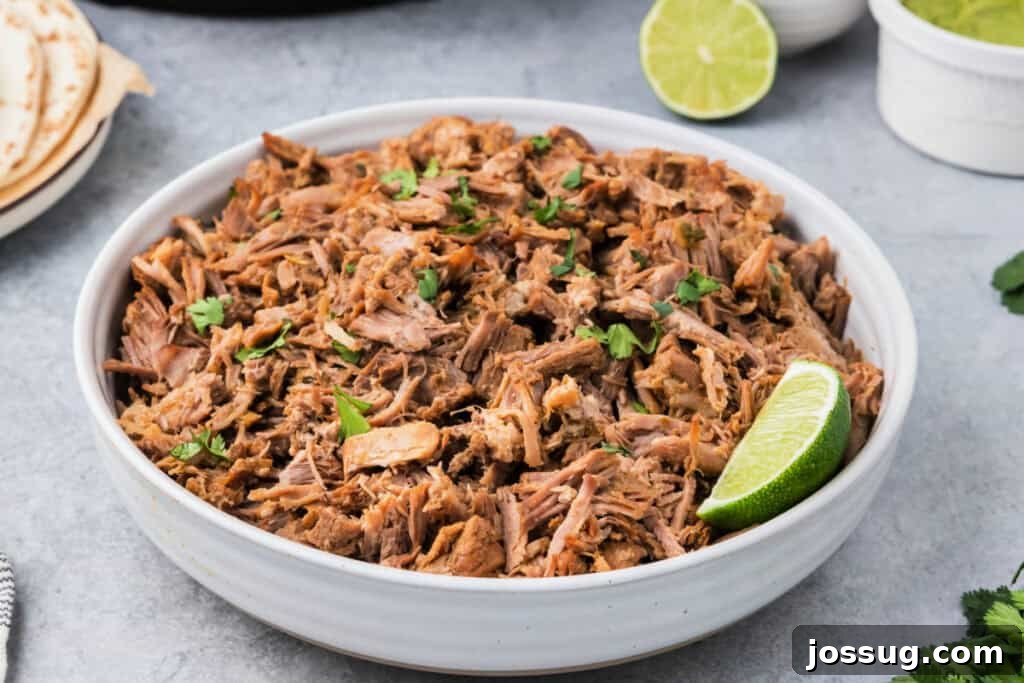 A serving bowl filled with a generous portion of cooked carnitas meat, ready to be enjoyed.