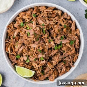 Closeup of instant pot carnitas in bowl