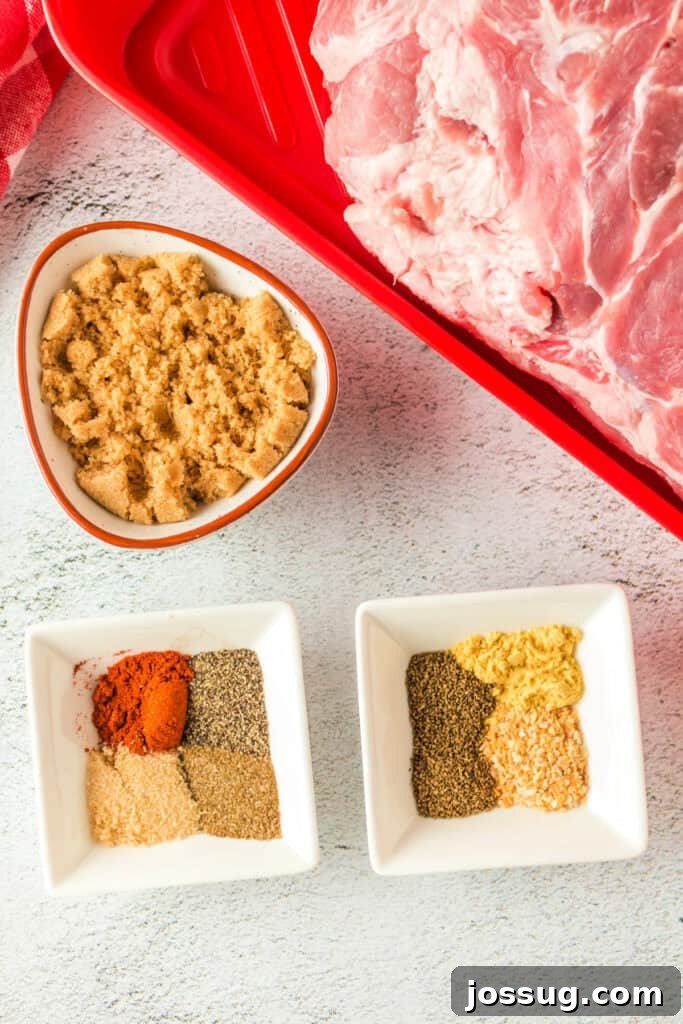 Overhead view of raw Boston butt in a red tray with separate spices and brown sugar ready for rub, emphasizing preparation.