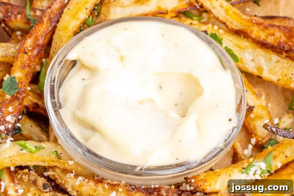 garlic aioli in small glass bowl surrounded by fries