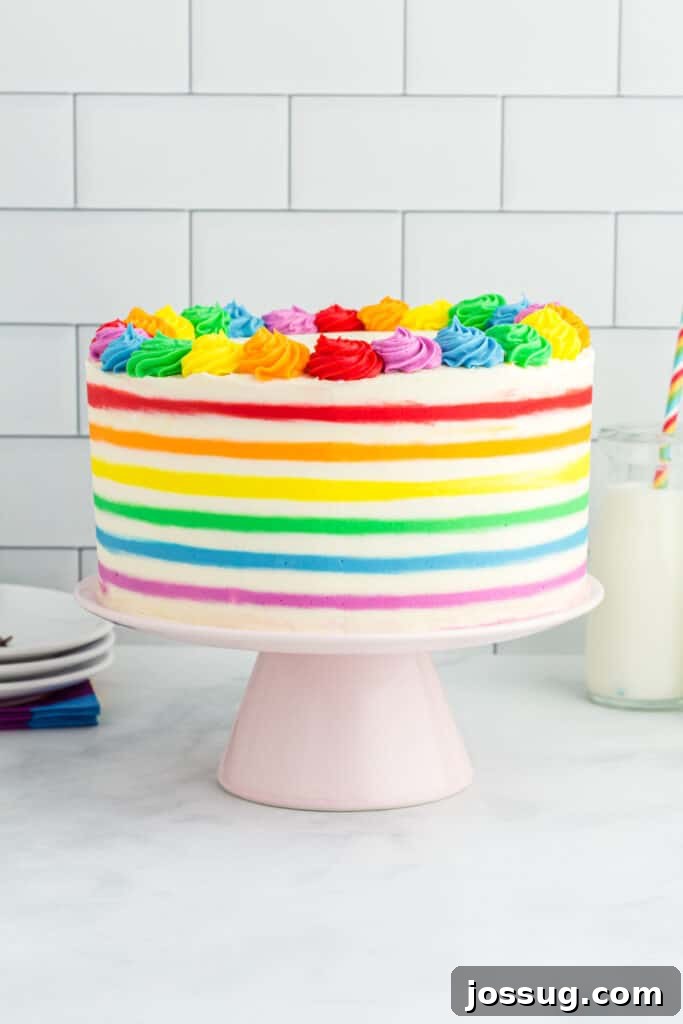 Vibrant Rainbow Striped Funfetti Cake on a pristine cake stand, ready to be served at a celebration.
