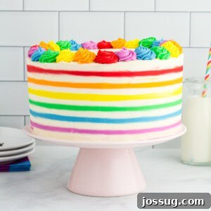 Rainbow Striped Funfetti Cake on a cake stand, a delightful dessert for any celebration.