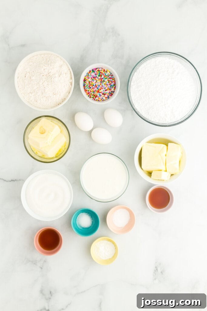 A colorful array of dry ingredients for making a rainbow striped funfetti cake, including flour, sugar, and baking essentials.