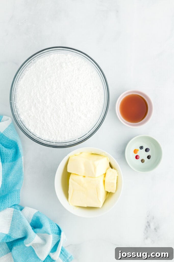 All the necessary ingredients laid out for preparing the vibrant rainbow frosting for the funfetti cake, including butter, powdered sugar, and various gel food colorings.