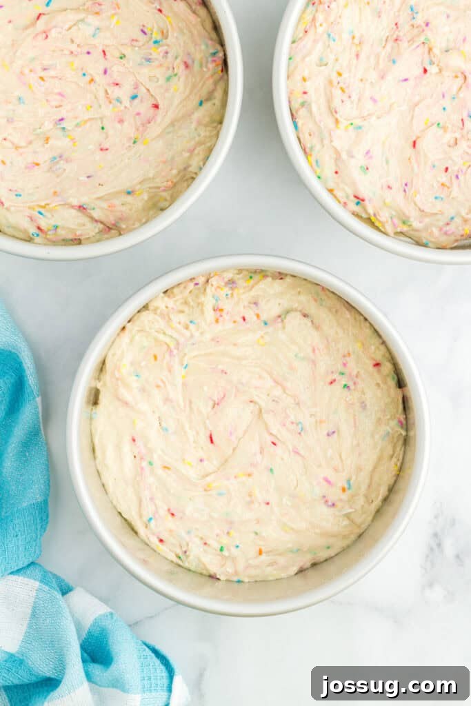 Unbaked funfetti cake batter, studded with colorful sprinkles, evenly distributed in a round cake pan.
