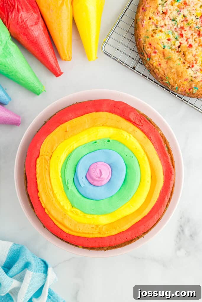 A vibrant layer of rainbow-striped frosting on a cake, showcasing the smooth transition of colors from red to purple.