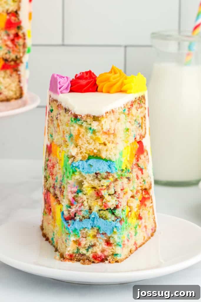 A beautiful slice of Rainbow Striped Funfetti Cake on a plate, revealing its colorful sprinkle-filled layers and rainbow frosting.