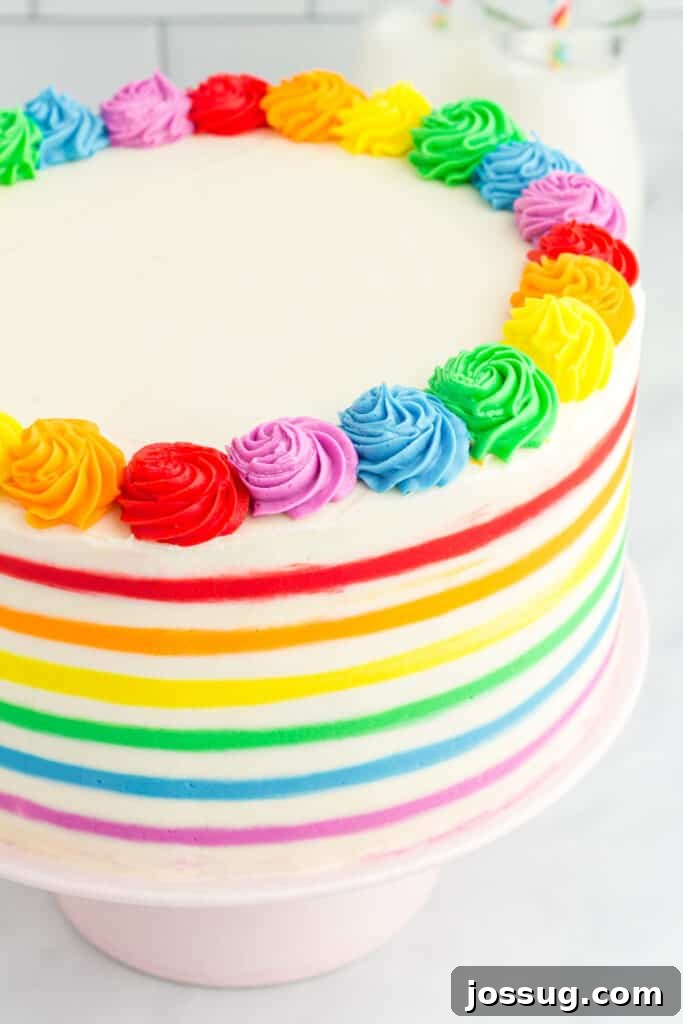 A magnificently baked and frosted Rainbow Striped Funfetti Cake, adorned with intricate piping details, resting elegantly on a cake stand.