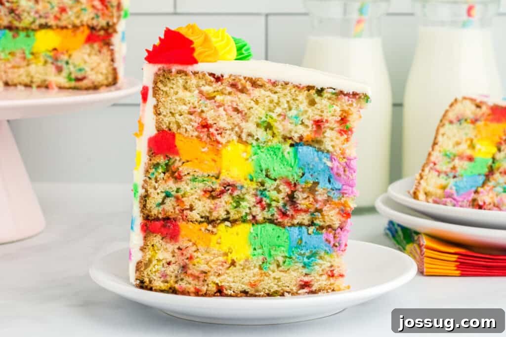 A perfect slice of Rainbow Striped Funfetti Cake, showcasing the colorful layers and vibrant frosting, served on a white plate.