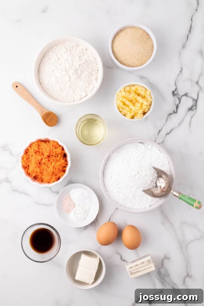 A collection of fresh ingredients laid out on a kitchen counter, including carrots, pineapple, flour, sugar, and spices, ready to be used for making a sheet pan carrot cake