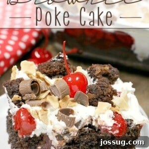 Waffle Cherry Brownie Poke Cake on a white plate with fresh cherries.