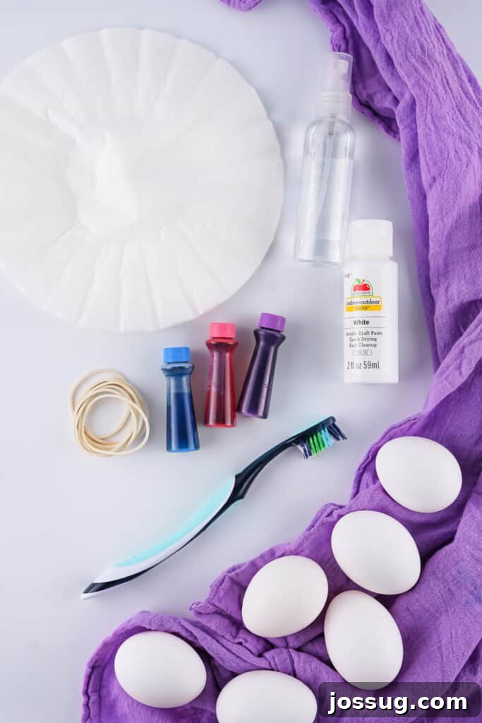 Cosmic Curiosities Uncovered 3 A collection of ingredients and tools needed to make galaxy easter eggs, including eggs, food dye, vinegar, and a toothbrush.