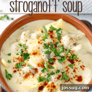 Velvety Sausage Stroganoff Soup 5 Sausage Stroganoff Soup in a rustic brown bowl, ready to be served.
