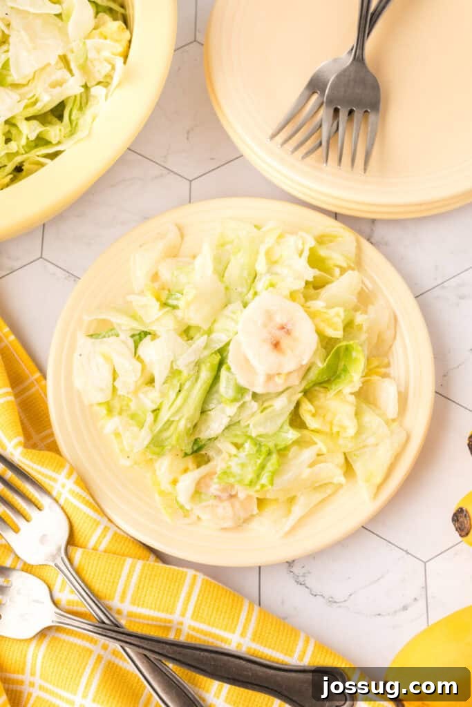 Grandma's Banana Lettuce Salad 8 An overhead shot of a single serving of banana lettuce salad on a plate.