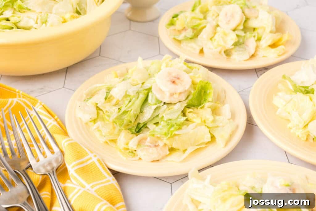 Grandma's Banana Lettuce Salad 9 A full plate of Old Fashioned Banana Lettuce Salad, ready to be enjoyed as a side dish.