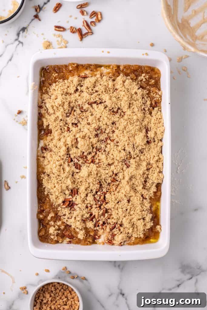 Decadent Pecan Cobbler 6 Pecan Pie Cobbler before being baked topped with brown sugar