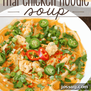 Spicy Thai Chicken Noodle Soup in a white bowl, garnished with cilantro.