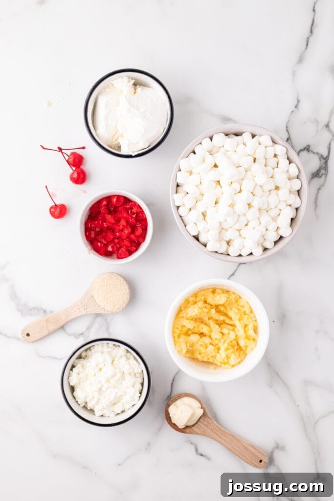 Mawmaw's Million-Dollar Fruit Delight 3 Overhead view of individual ingredients in small bowls, including mini marshmallows, cottage cheese, whipped topping, crushed pineapple, chopped maraschino cherries, sugar, and mayonnaise.