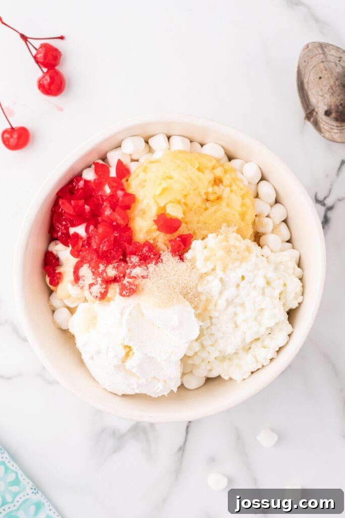 Mawmaw's Million-Dollar Fruit Delight 4 Ingredients for fruit salad layered in a large mixing bowl, ready to be combined - includes marshmallows, pineapple, cherries, whipped topping, sugar, cottage cheese, and mayonnaise.