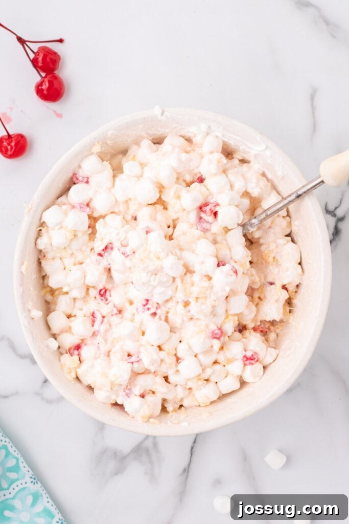 Mawmaw's Million-Dollar Fruit Delight 5 Mixed fruit salad in a bowl showing a creamy, fluffy texture with marshmallows, cherries, and pineapple visible throughout.