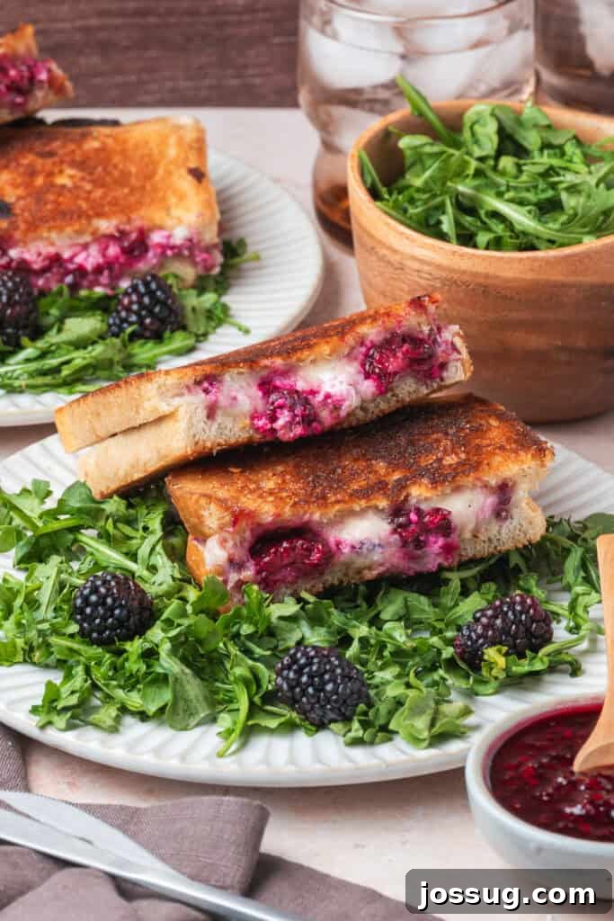 Sweet and Savory Blackberry Grilled Cheese 16 Blackberry grilled cheese sandwiches served on a bed of fresh arugula with additional fresh blackberries and refreshing iced drinks in the background