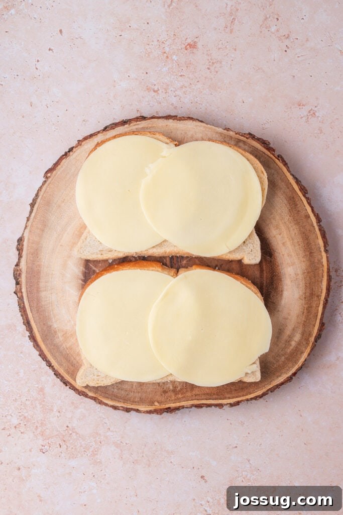Sweet and Savory Blackberry Grilled Cheese 7 Slices of provolone cheese carefully placed on top of sourdough bread on a wooden cutting board