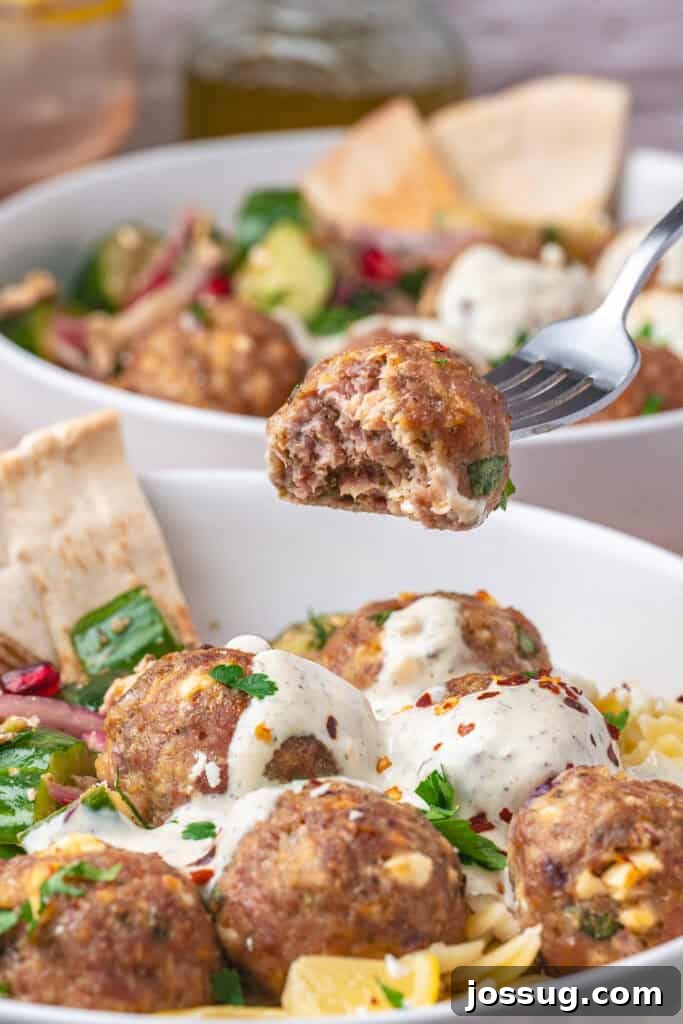 Closeup of a fork holding a turkey feta meatball over a bowl of pasta and salad