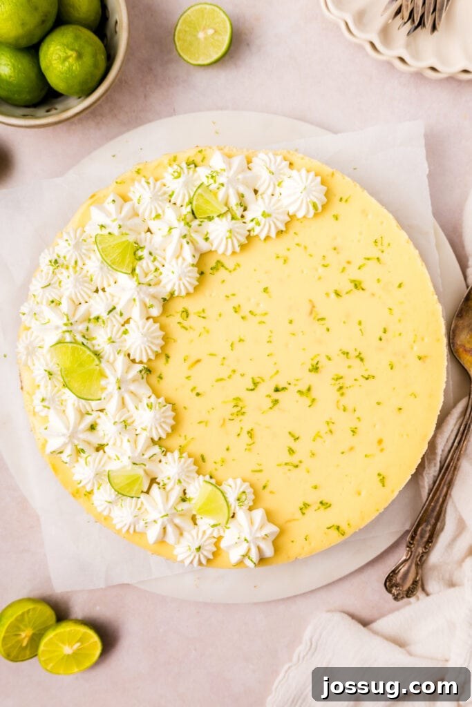 Overhead view of finished Key Lime Cheesecake with decorative whipped topping and lime slices, showcasing its vibrant color and smooth texture