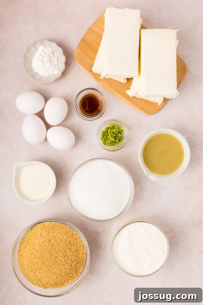 Overhead shot of all fresh Key Lime Cheesecake ingredients arranged neatly on a kitchen counter, including cream cheese blocks, limes, eggs, and graham crackers