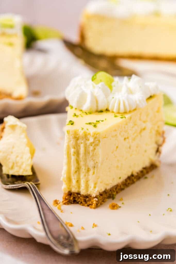 A perfectly sliced piece of Key Lime Cheesecake on a white plate, with a bite taken from the tip, showing its creamy texture and graham cracker crust