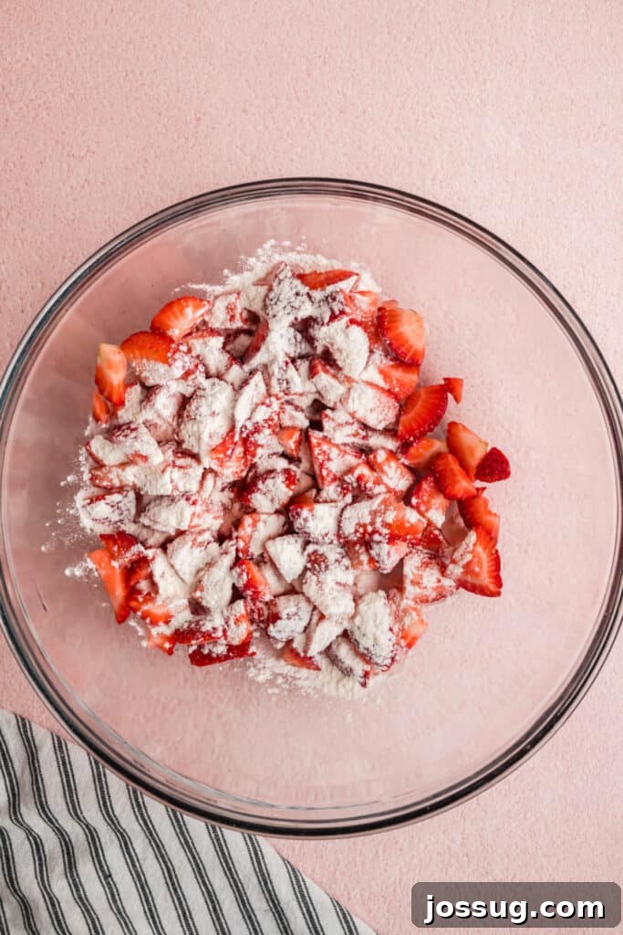 Sweet Strawberry Loaf 4 Chopped fresh strawberries lightly coated with flour in a clear glass mixing bowl, ready to be added to the batter.