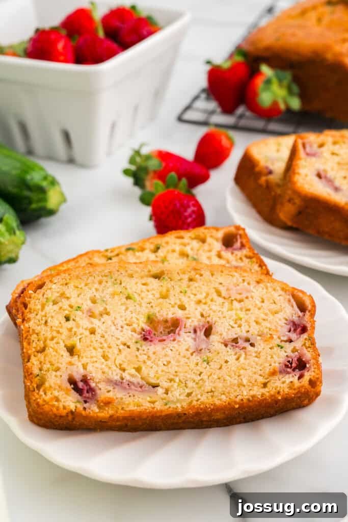 Close-up of a beautifully sliced Strawberry Zucchini Bread on a white plate, revealing its moist crumb and pockets of red strawberries and green zucchini, with fresh strawberries scattered in the background.