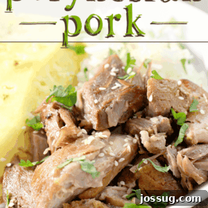 Aloha Slow Cooker Pork 2 Slow Cooker Polynesian Pork on a white plate.