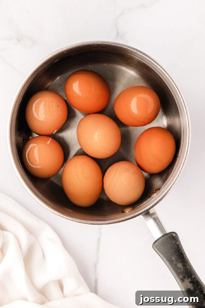 Eggs in a small saucepan, covered with water, ready to be hard-boiled.