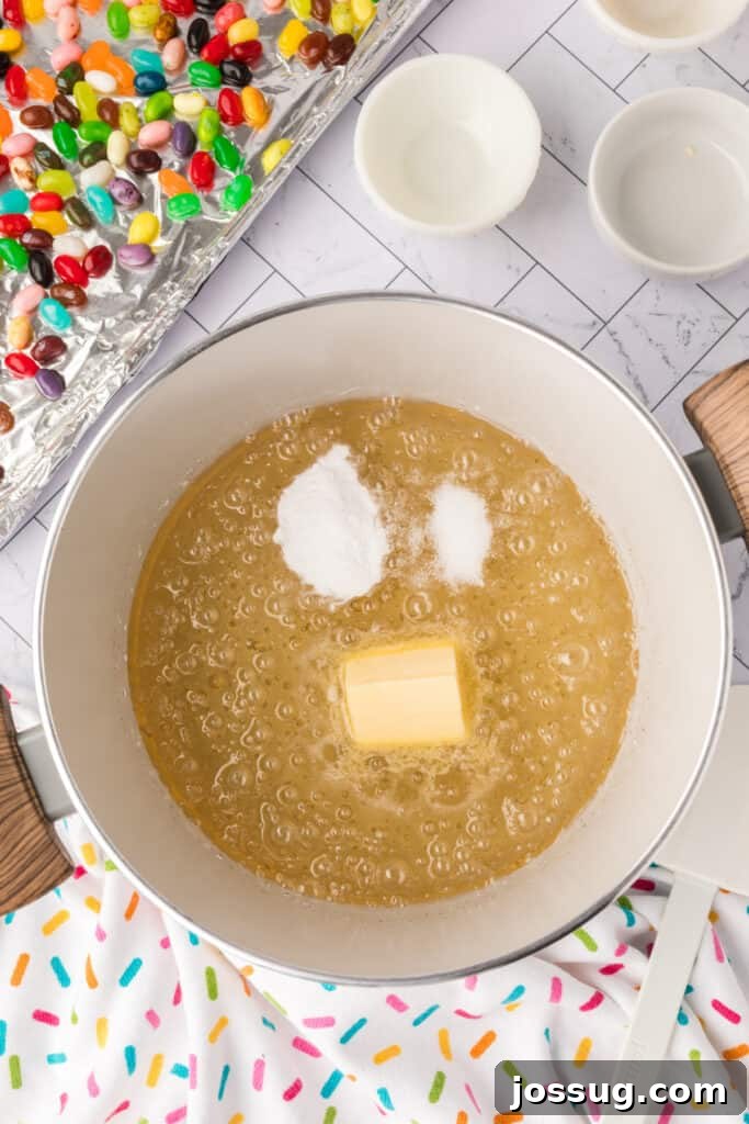 butter, baking soda, and salt added to the sugar mixture