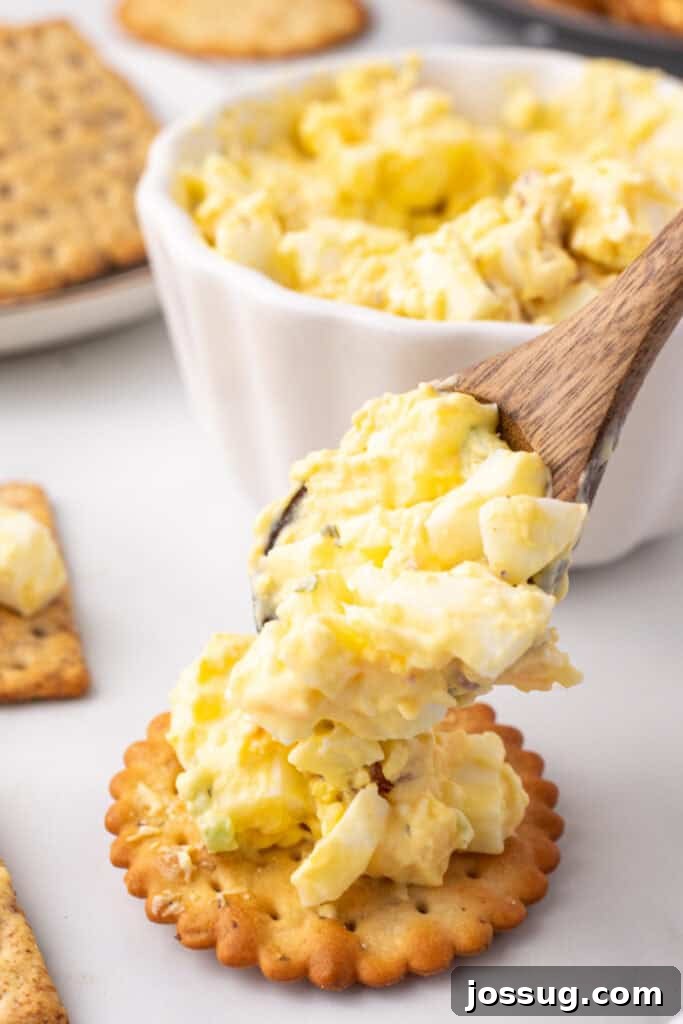 Golden Egg Salad 6 A spoon delicately placing a scoop of Million Dollar Egg Salad onto a crispy cracker, ready for a delicious bite.