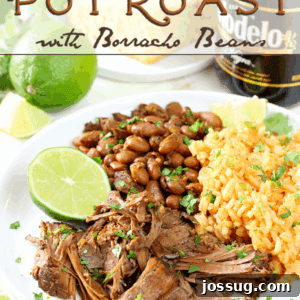 Authentic Mexican Pot Roast with Borracho Beans 2 Mexican Pot Roast with Borracho Beans and Mexican rice on a plate with a lime.