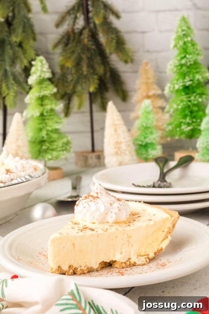 Dreamy No-Bake Eggnog Pie 3 A beautiful slice of eggnog pie on a plate, with a festive winter scene blurred in the background, hinting at holiday cheer.